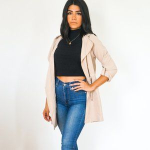 NWT Long hooded tied waist jacket